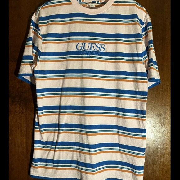 Guess Originals Men's Striped T Shirt Embroidered Script Logo Size Small - Picture 1 of 3